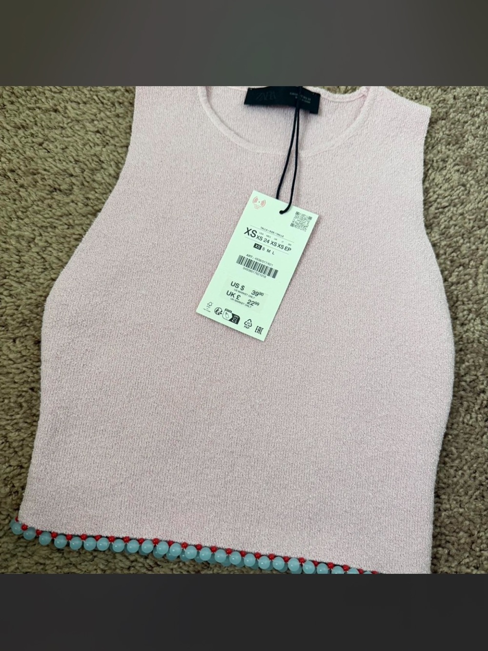 Zara Sleeveless Pink Knit Tank with Beaded Hem